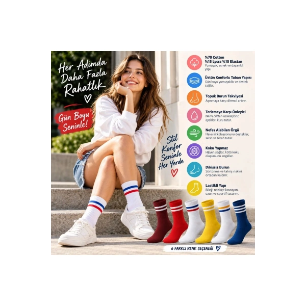 Unisex Renkli Çorap Çizgili 6lı Set Uzun Soket Günlük Spor Kolej Stil Rahat Şık Kadın Erkek Çorabı