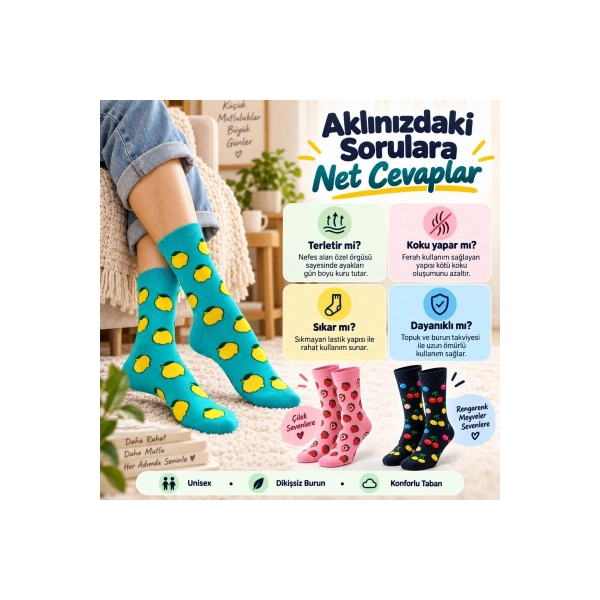 Kadın Ve Erkek Çorap Meyve Desenli Renkli 6lı Set Uzun Soket Günlük Rahat Spor Çorap Seti