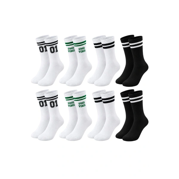 Unisex Çorap Çizgili 8li Set 07 Good Vibes Baskılı Siyah Beyaz Uzun Soket Spor Kolej Stil Çorap