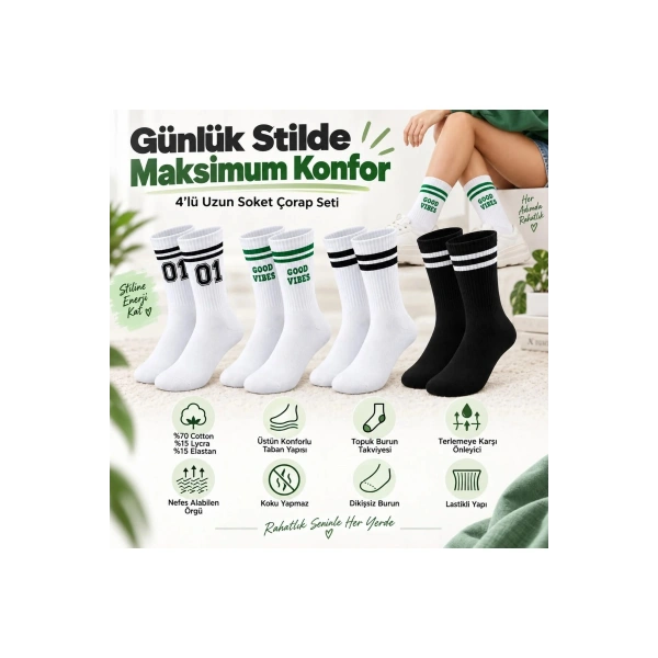 Unisex Çorap Çizgili 8li Set 07 Good Vibes Baskılı Siyah Beyaz Uzun Soket Spor Kolej Stil Çorap