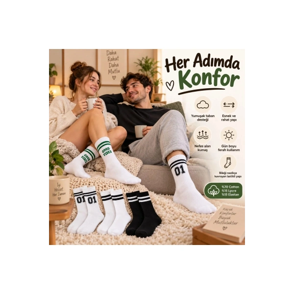 Unisex Çorap Çizgili 8li Set 07 Good Vibes Baskılı Siyah Beyaz Uzun Soket Spor Kolej Stil Çorap