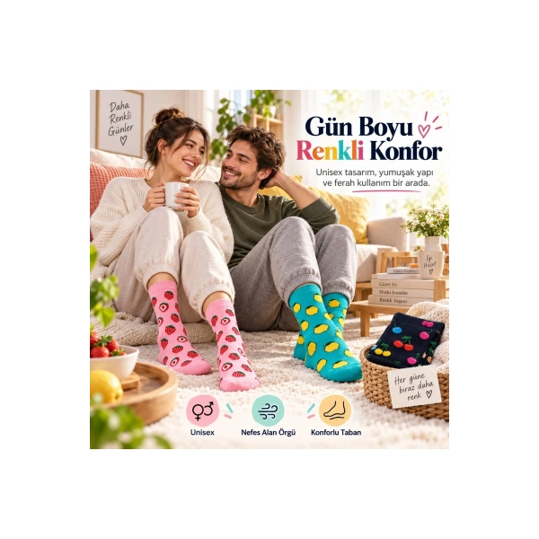 Kadın Ve Erkek Çorap Meyve Desenli Renkli 3lü Set Uzun Soket Günlük Rahat Çorap Seti