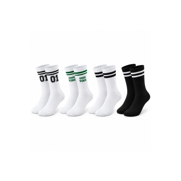 Unisex Çorap Çizgili 4lü Set 07 Good Vibes Baskılı Siyah Beyaz Uzun Soket Spor Kolej Stil Rahat Şık