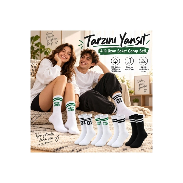 Unisex Çorap Çizgili 4lü Set 07 Good Vibes Baskılı Siyah Beyaz Uzun Soket Spor Kolej Stil Rahat Şık