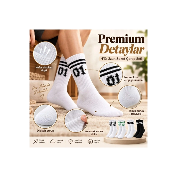 Unisex Çorap Çizgili 4lü Set 07 Good Vibes Baskılı Siyah Beyaz Uzun Soket Spor Kolej Stil Rahat Şık