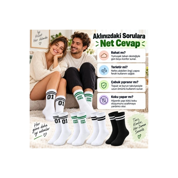 Unisex Çorap Çizgili 4lü Set 07 Good Vibes Baskılı Siyah Beyaz Uzun Soket Spor Kolej Stil Rahat Şık