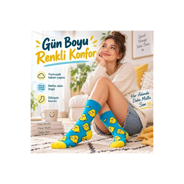 Renkli Civciv Desenli Unisex Soket Çorap | Yumuşak, Esnek ve Konforlu Günlük Kullanım 6lı Set
