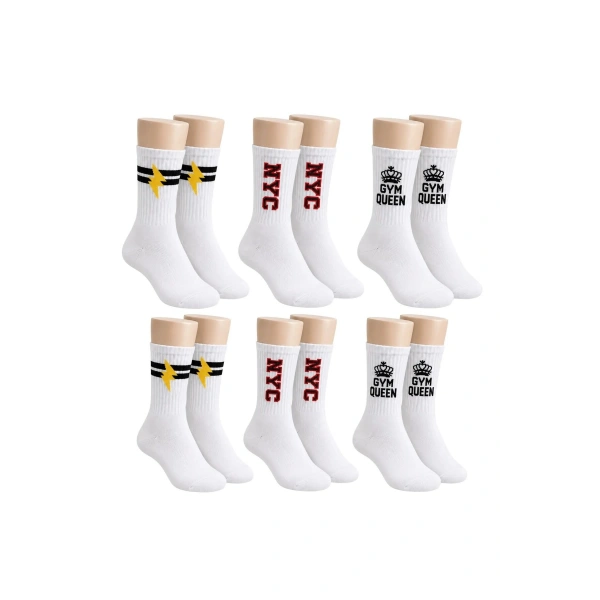 Kadın Spor Çorap Beyaz Yazılı 6lı Set Uzun Soket Pamuklu Dikişsiz Nefes Alan Spor Konforlu Çoraplar
