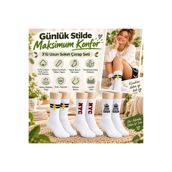 Kadın Spor Çorap Beyaz Yazılı 6lı Set Uzun Soket Pamuklu Dikişsiz Nefes Alan Spor Konforlu Çoraplar