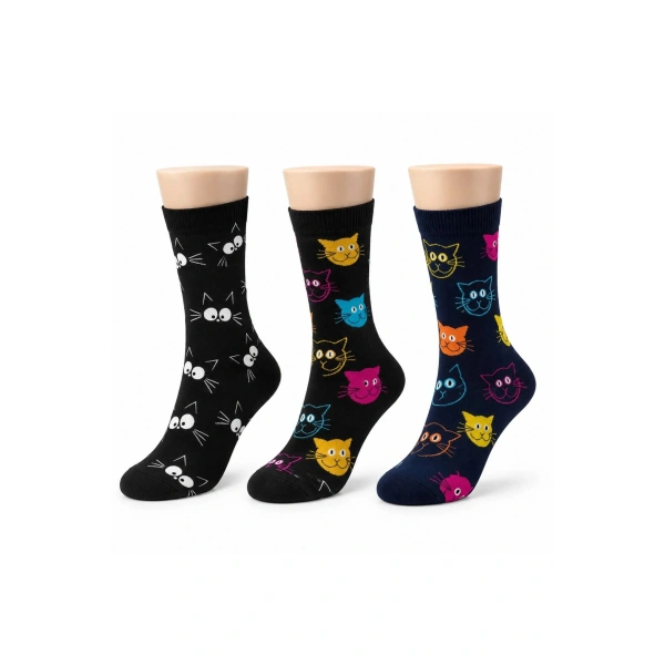 Unisex Kedi Desenli Çorap 3lü Set Pamuklu Renkli Uzun Soket Dikişsiz Nefes Alan Rahat Günlük Çorap