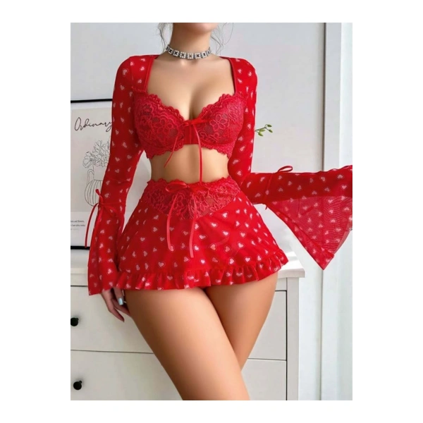 Özel Tasarım Kalp Desenli İspanyol Kol Mini Etekli Fantezi Takım - SSSSSS7624-9645