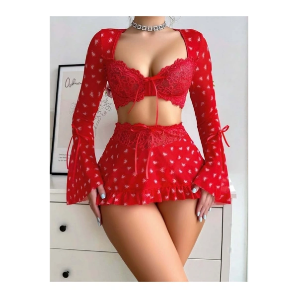 Özel Tasarım Kalp Desenli İspanyol Kol Mini Etekli Fantezi Takım - SSSSSS7624-9645