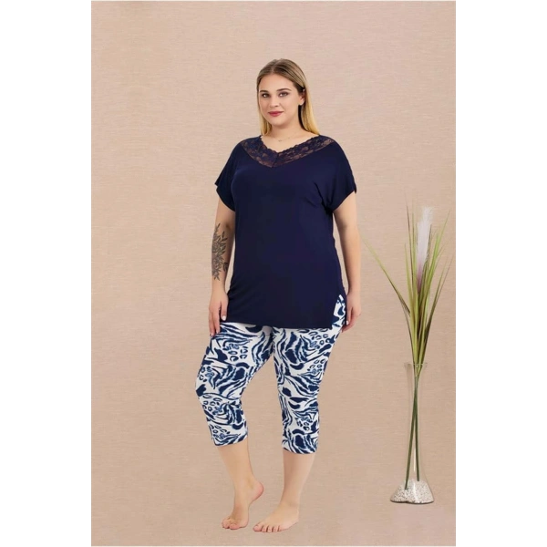 Arias Closet Büyük Beden Viskon Şık Tasarım Lacivert Dantel İşlemeli Desenli - SSSSSS3578-1