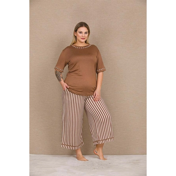 Arias Closet Büyük Beden Viskon Şık Tasarım Kahverengi Çizgili Kısa Kol Kapri - SSSSSS8365-9