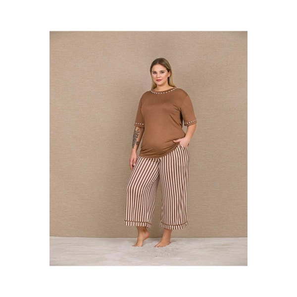 Arias Closet Büyük Beden Viskon Şık Tasarım Kahverengi Çizgili Kısa Kol Kapri - SSSSSS8365-9