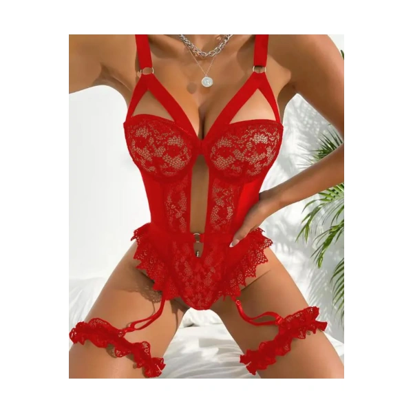 Özel Tasarım Kırmızı Dantelli Fantezi Jartiyer Takımı - SSSSSS5869-8561
