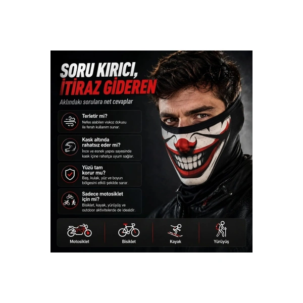 Unisex Palyaço Baskılı Balaklava Maske 1 Adet Tek Beden Viskoz Kask İçi Outdoor Motosiklet Maskesi