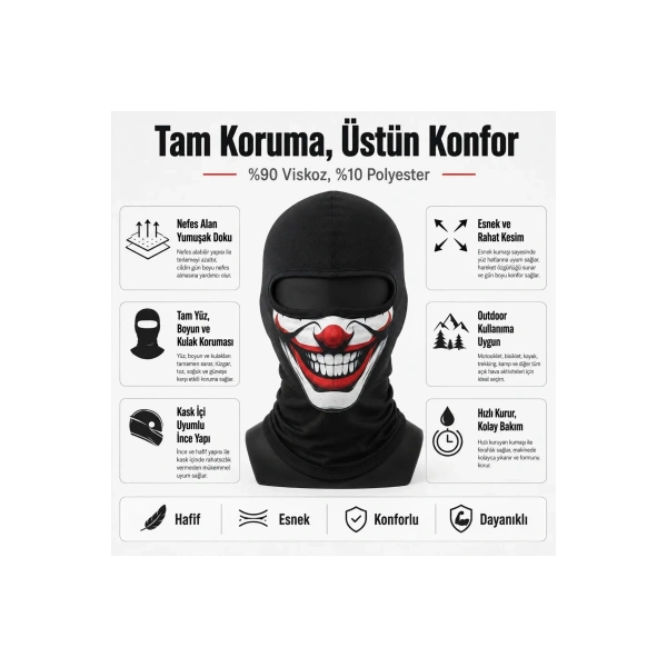 Unisex Palyaço Baskılı Balaklava Maske 1 Adet Tek Beden Viskoz Kask İçi Outdoor Motosiklet Maskesi