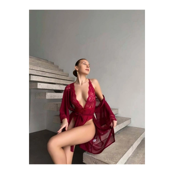 Şık Tasarım Bordo Dantel İşlemeli Body Suit ve Tül Gecelik Takımı - SSSSSS2902-2336