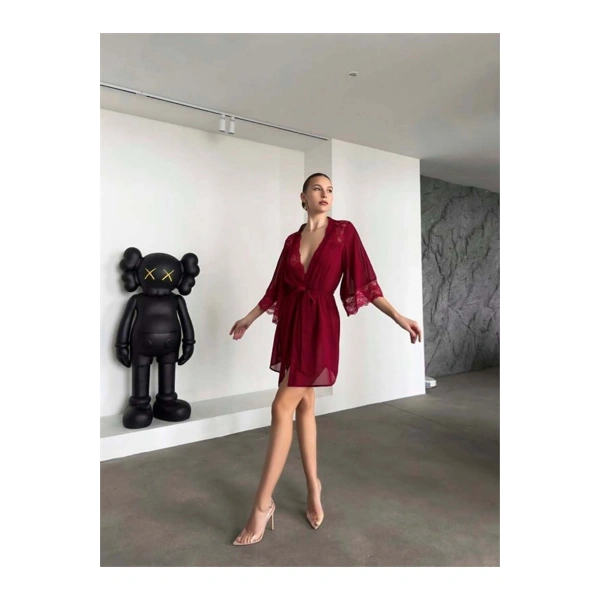 Şık Tasarım Bordo Dantel İşlemeli Body Suit ve Tül Gecelik Takımı - SSSSSS2902-2336