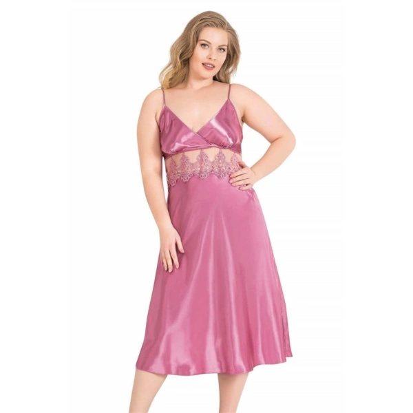 Premium Büyük Beden Gül Kurusu Uzun İkili Saten Sabahlık Gecelik Takımı - SSSSSS2448-2979