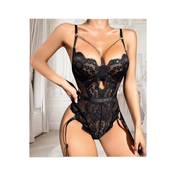 Şık Tasarım Siyah Dantel İşlemeli Zincir Detaylı Fantezi Body Jartiyer Takım? - SSSSSS3629-8