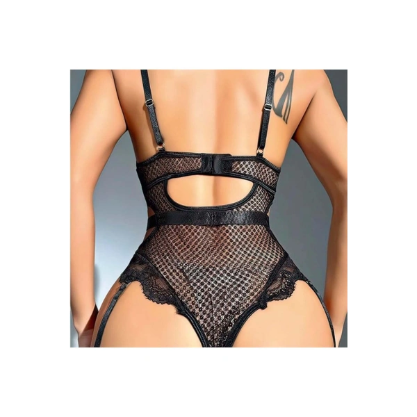 Şık Tasarım Siyah Dantel İşlemeli Zincir Detaylı Fantezi Body Jartiyer Takım? - SSSSSS3629-8