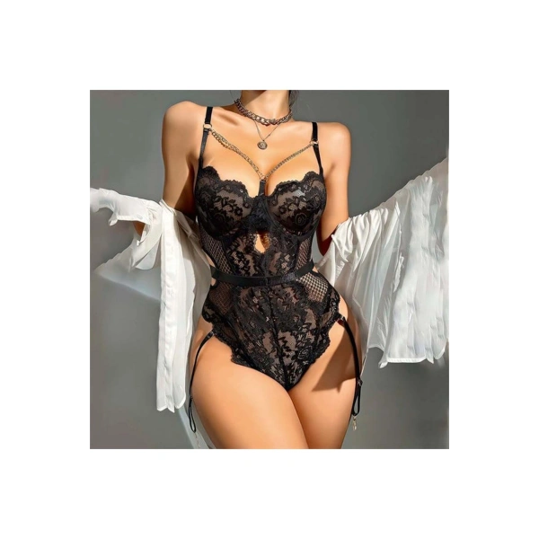 Şık Tasarım Siyah Dantel İşlemeli Zincir Detaylı Fantezi Body Jartiyer Takım? - SSSSSS3629-8