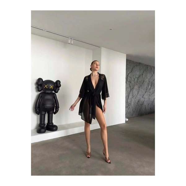 Şık Tasarım Siyah Dantel İşlemeli Body Suit ve Tül Gecelik Takımı - SSSSSS8194-9758
