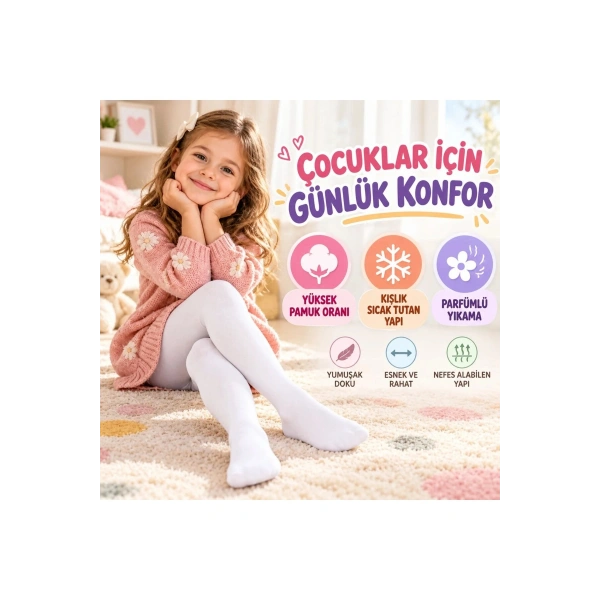 Çocuk Beyaz Külotlu 3lü Çorap Yüksek Pamuklu Kışlık Parfümlü Yumuşak Dokulu Esnek Rahat