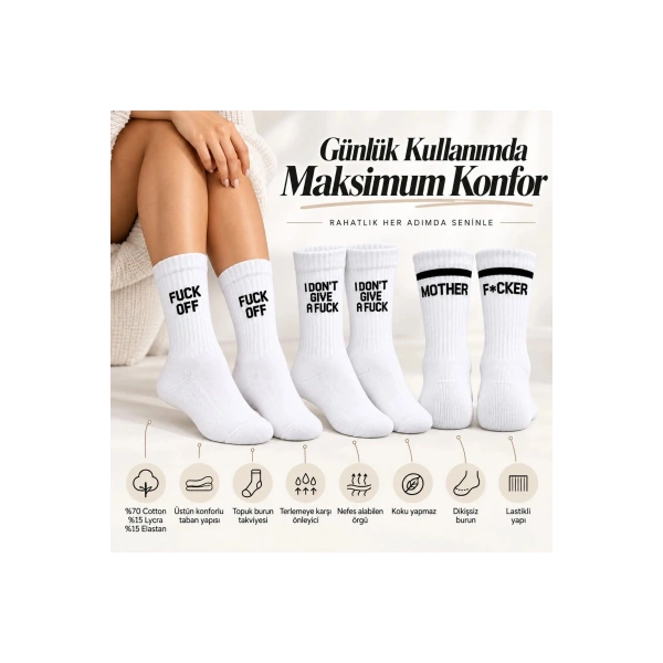 Unisex Beyaz Yazılı Çorap Esprili Sloganlı Uzun Soket Günlük Spor Rahat 3lü Eğlenceli Şık Hediye Set