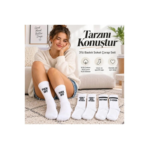 Unisex Beyaz Yazılı Çorap Esprili Sloganlı Uzun Soket Günlük Spor Rahat 3lü Eğlenceli Şık Hediye Set