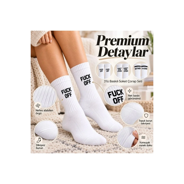 Unisex Beyaz Yazılı Çorap Esprili Sloganlı Uzun Soket Günlük Spor Rahat 3lü Eğlenceli Şık Hediye Set