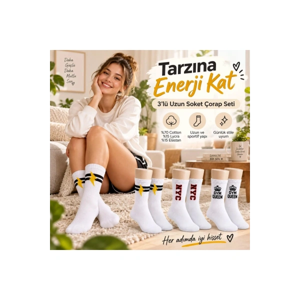 Kadın Spor Çorap Beyaz Yazılı 3lü Set Uzun Soket Pamuklu Dikişsiz Nefes Alan Spor Konforlu Çoraplar