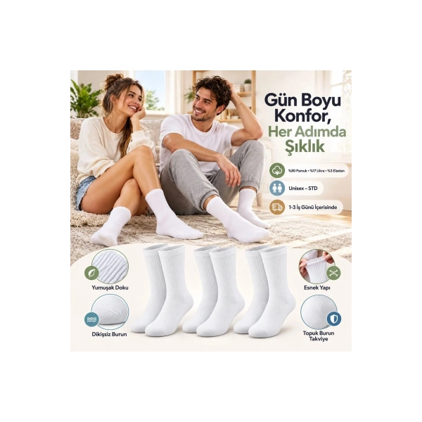 Unisex Beyaz Soket Çorap 3lü Set %80 Pamuk Dikişsiz Burun Takviyeli Esnek Günlük Spor Çorabı Konfor