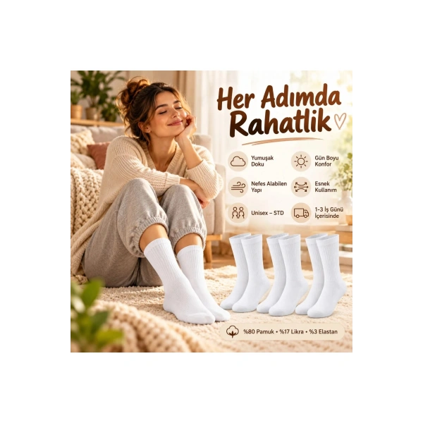 Unisex Beyaz Soket Çorap 3lü Set %80 Pamuk Dikişsiz Burun Takviyeli Esnek Günlük Spor Çorabı Konfor