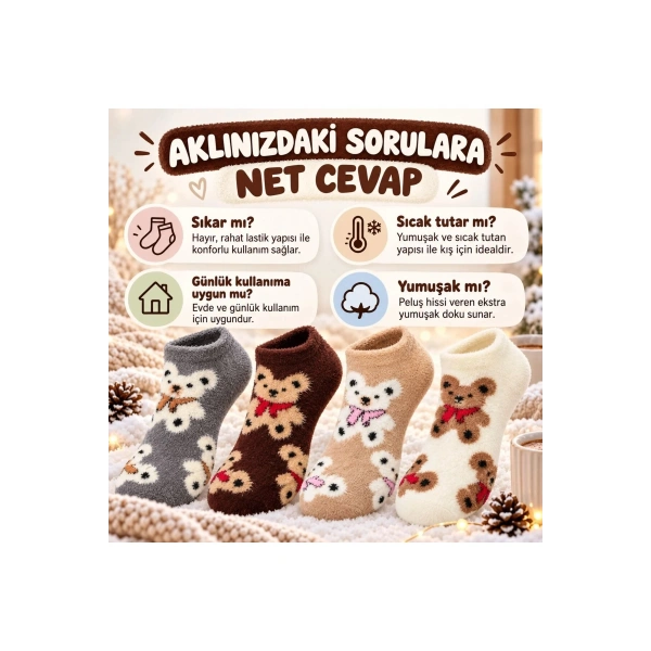 Kadın Ayıcık Desenli Yumoş Patik Çorap 4lü Set Peluş Yumuşak Sıcak Parfümlü Kışlık Rahat Çorap Seti