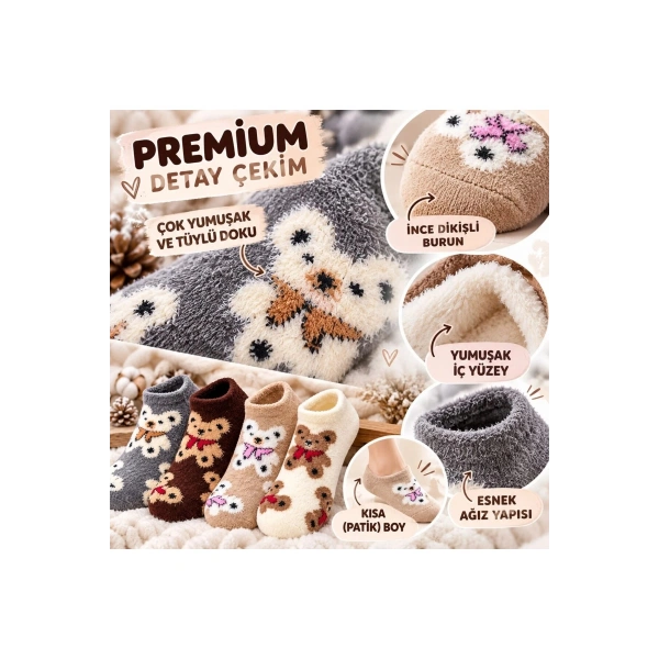 Kadın Ayıcık Desenli Yumoş Patik Çorap 4lü Set Peluş Yumuşak Sıcak Parfümlü Kışlık Rahat Çorap Seti
