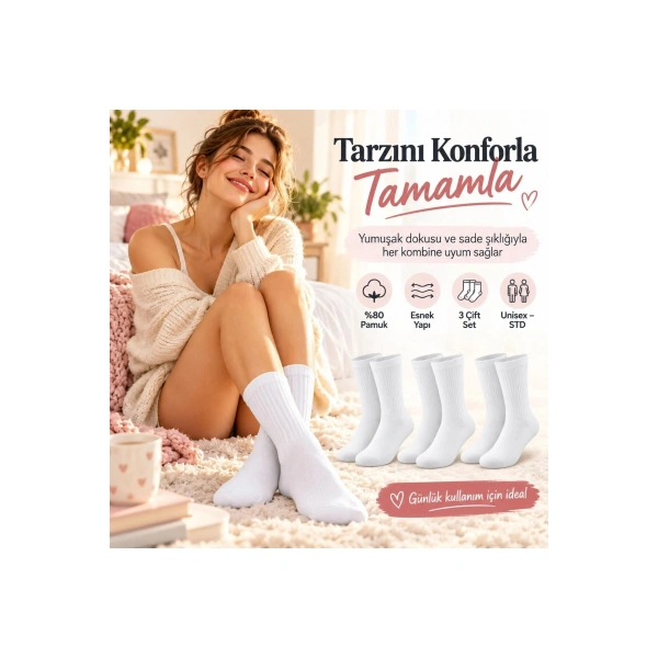 Unisex Beyaz Soket Çorap %80 Pamuk 12li Set Dikişsiz Burun Takviyeli Esnek Günlük Spor Çorabı Rahat