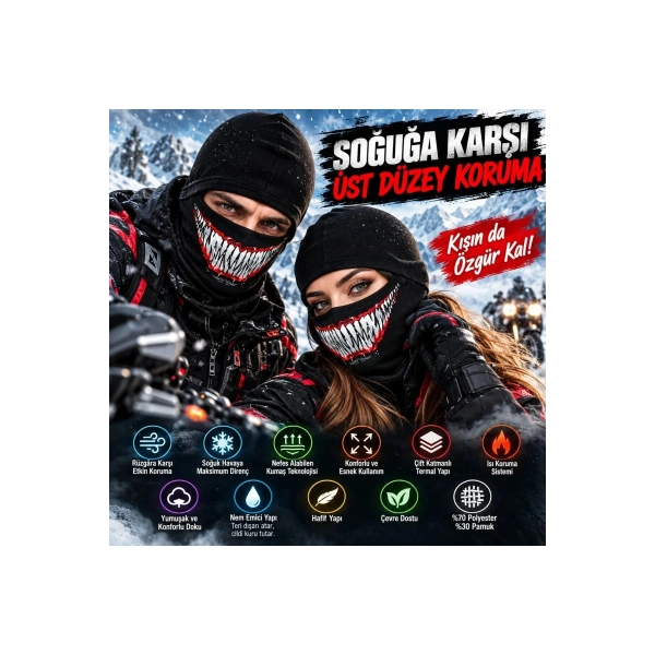 Unisex Tam Yüz Balaklava Diş Desenli Kışlık Maske Nefes Alan Esnek Kask Altı Boyunluk Yumuşak Viskoz