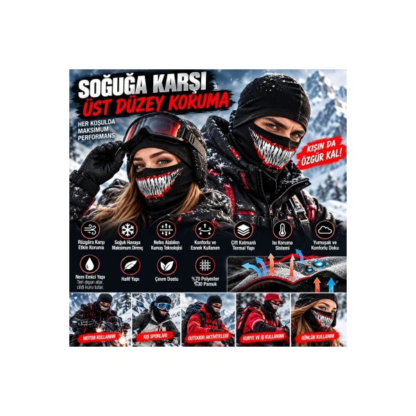 Unisex Tam Yüz Balaklava Diş Desenli Kışlık Maske Nefes Alan Esnek Kask Altı Boyunluk Yumuşak Viskoz