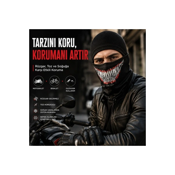 Unisex Tam Yüz Balaklava Diş Desenli Kışlık Maske Nefes Alan Esnek Kask Altı Boyunluk Yumuşak Viskoz
