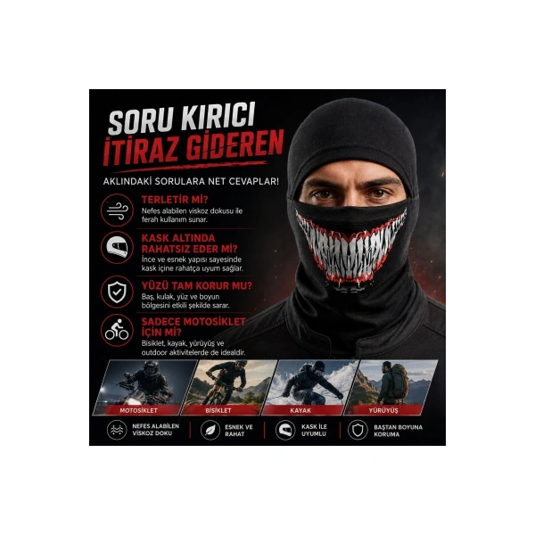 Unisex Tam Yüz Balaklava Diş Desenli Kışlık Maske Nefes Alan Esnek Kask Altı Boyunluk Yumuşak Viskoz