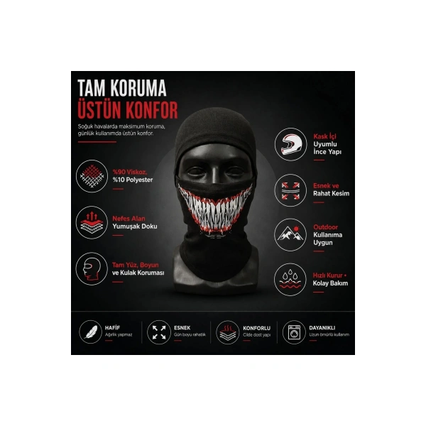 Unisex Tam Yüz Balaklava Diş Desenli Kışlık Maske Nefes Alan Esnek Kask Altı Boyunluk Yumuşak Viskoz