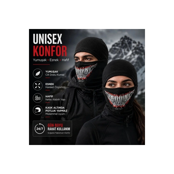 Unisex Tam Yüz Balaklava Diş Desenli Kışlık Maske Nefes Alan Esnek Kask Altı Boyunluk Yumuşak Viskoz