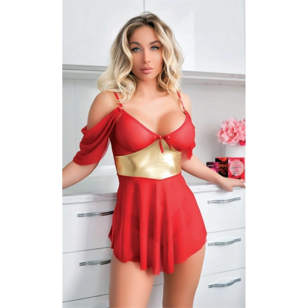 Sarı Kuşak Detaylı Fantezi Kırmızı Gecelik - SSSSSS6623-5607