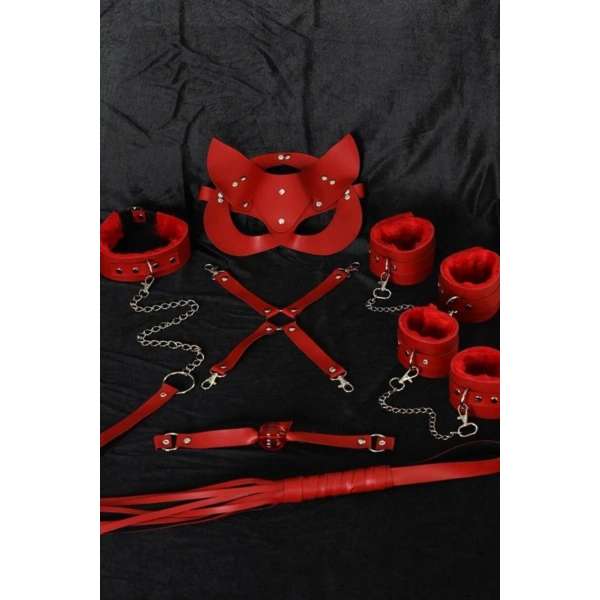 Kırmızı İçi Tüylü MaskeKolBacakAğız TopuKırbaçTasma Harness Set - SSSSSS5327-2859