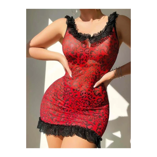 Sırt Dekolteli Kırmızı Leoparlı Gecelik - SSSSSS5204-4914