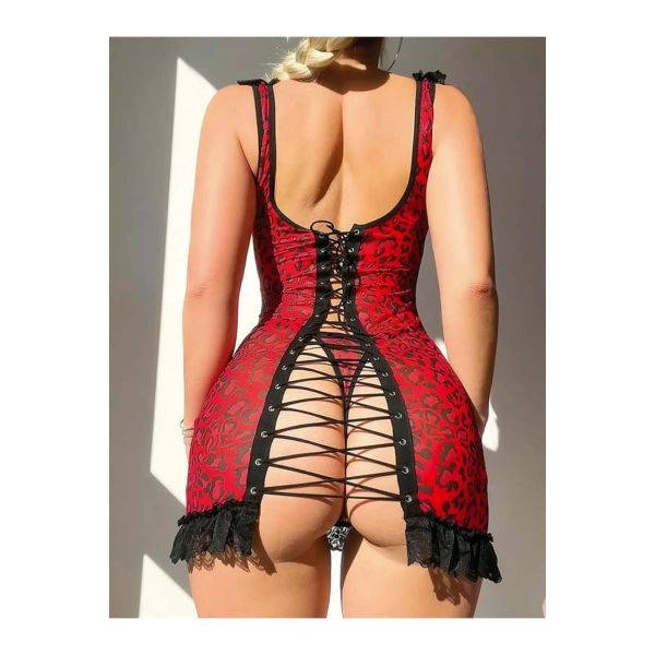 Sırt Dekolteli Kırmızı Leoparlı Gecelik - SSSSSS5204-4914
