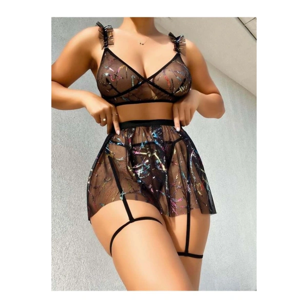 Parlama Detaylı Mini Tül Gecelik - SSSSSS9462-4338